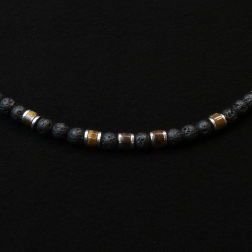 Naszyjnik męski z tygrysim okiem i lawą wulkaniczną