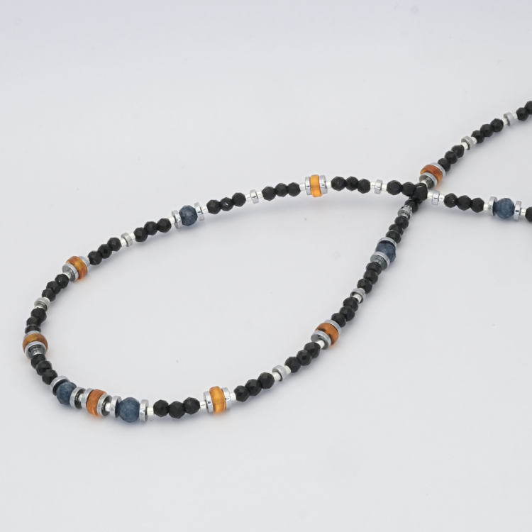 Czarny turmalin, bursztyn bałtycki, szafir - naszyjnik damski - kamień ochronny, optymizmu i zaufania