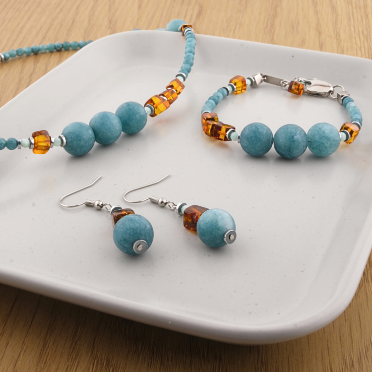 Zestaw biżuterii z kamieni naturalnych bursztyn chalcedon – Biżuteria damska i męska ze stali chirurgicznej– Naszyjnik bransoletka kolczyki handmade prezent dla kobiety i mężczyzny