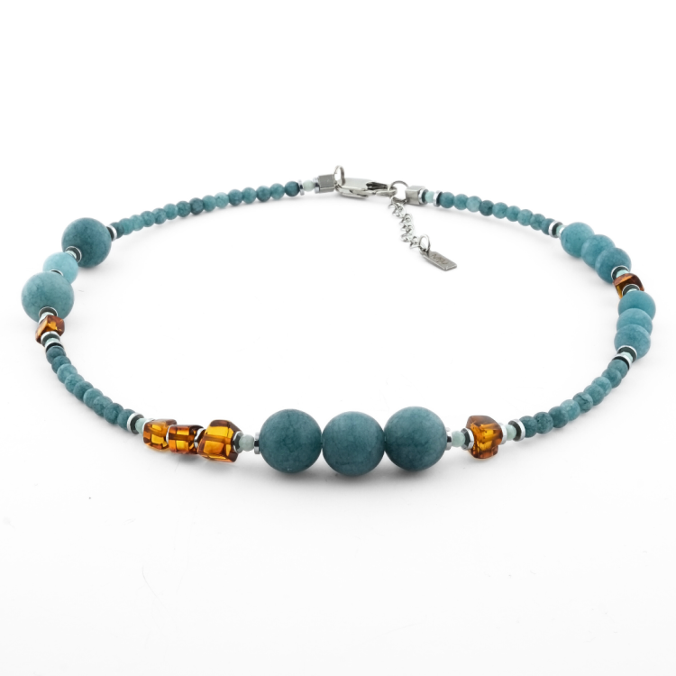 Zestaw biżuterii z kamieni naturalnych bursztyn chalcedon – Biżuteria damska i męska ze stali chirurgicznej– Naszyjnik bransoletka kolczyki handmade prezent dla kobiety i mężczyzny