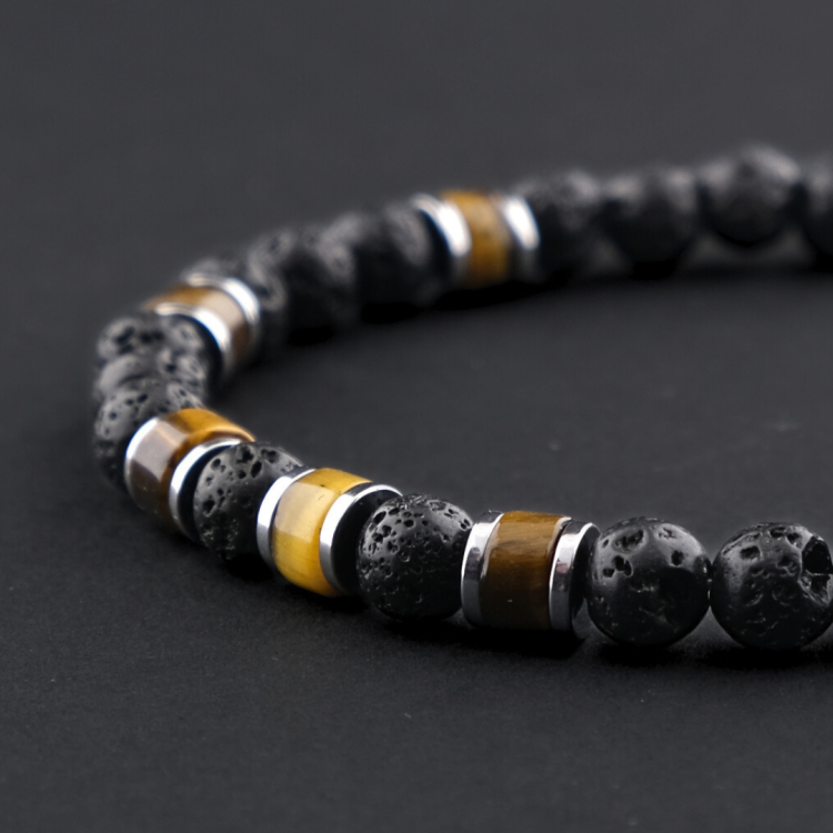 Bransoleta męska z tygrysim okiem i lawą wulkaniczną