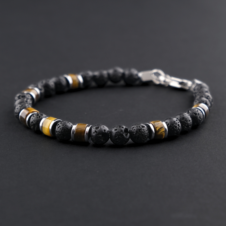 Bransoleta męska z tygrysim okiem i lawą wulkaniczną