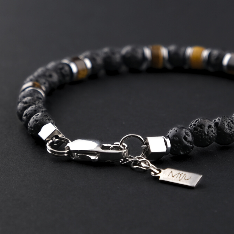 Bransoleta męska z tygrysim okiem i lawą wulkaniczną