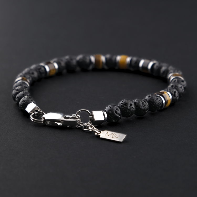 Bransoleta męska z tygrysim okiem i lawą wulkaniczną
