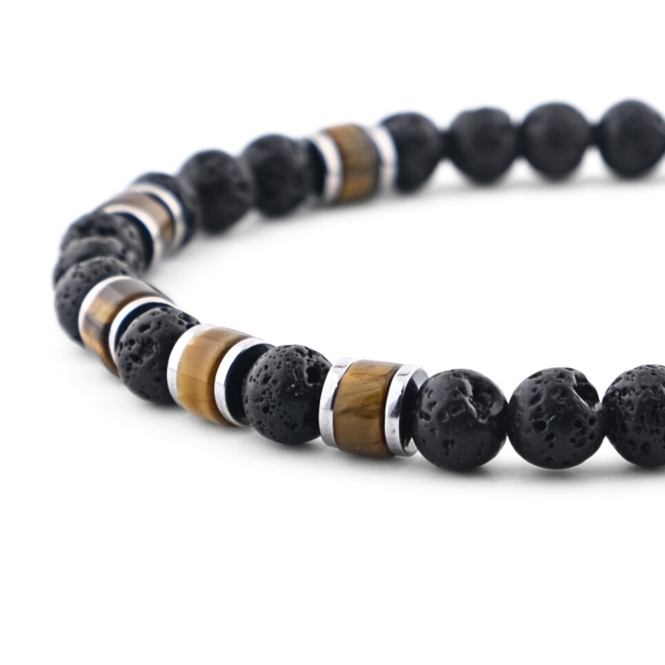 Bransoleta męska z tygrysim okiem i lawą wulkaniczną