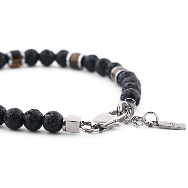 Bransoleta męska z tygrysim okiem i lawą wulkaniczną