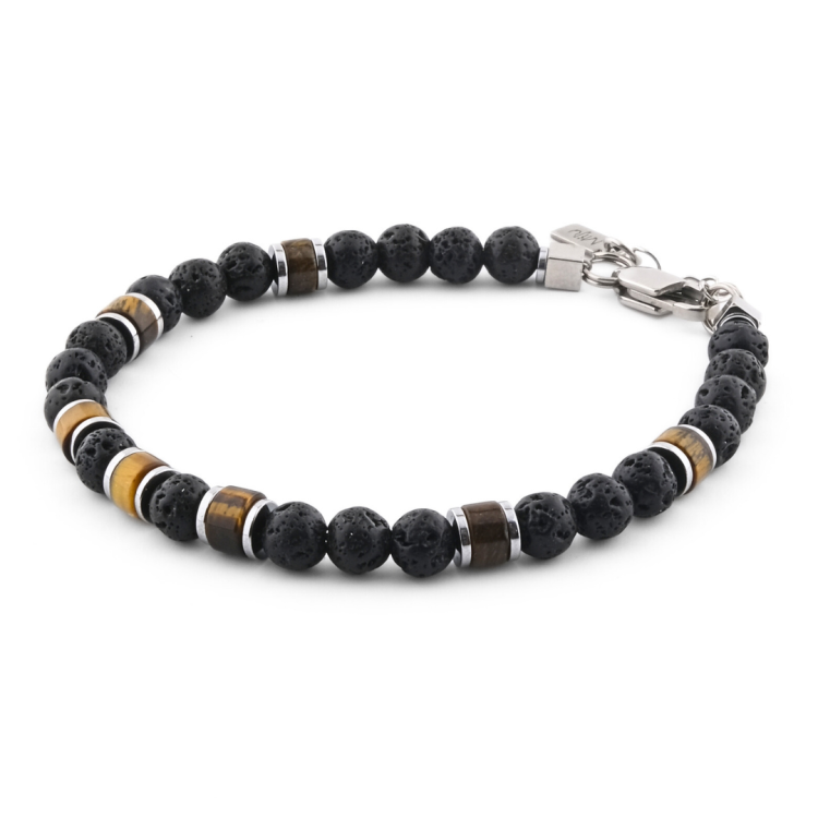 Bransoleta męska z tygrysim okiem i lawą wulkaniczną