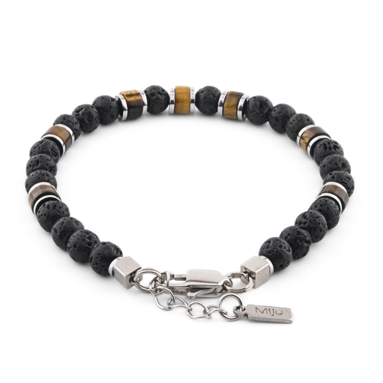 Bransoleta męska z tygrysim okiem i lawą wulkaniczną