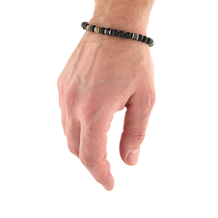 Bransoleta męska z tygrysim okiem i lawą wulkaniczną