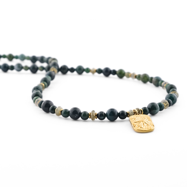 Naszyjnik ze stali chirurgicznej - agat mszysty, labradoryt - naszyjnik z kamieniami szlachetnymi