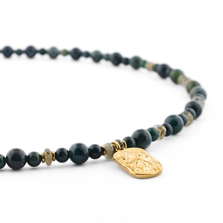 Naszyjnik ze stali chirurgicznej - agat mszysty, labradoryt - naszyjnik z kamieniami szlachetnymi