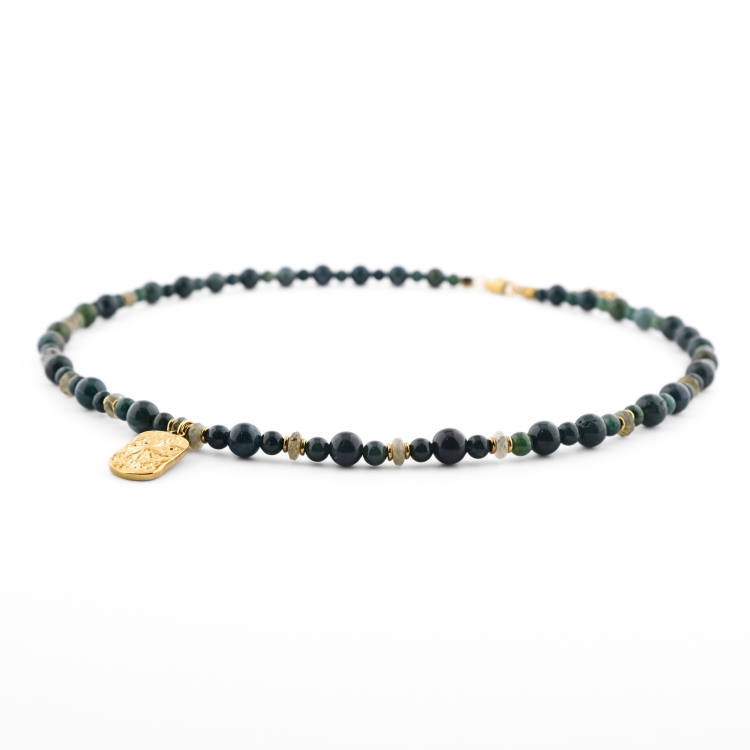 Naszyjnik ze stali chirurgicznej - agat mszysty, labradoryt - naszyjnik z kamieniami szlachetnymi