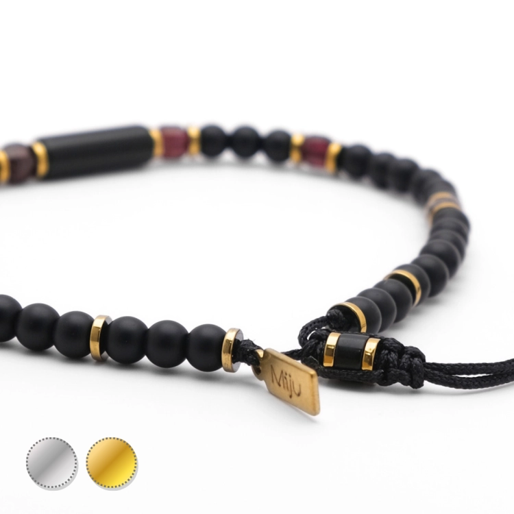 Czarna bransoletka męska z turmalinem, granatem i onyksem złota i srebrna