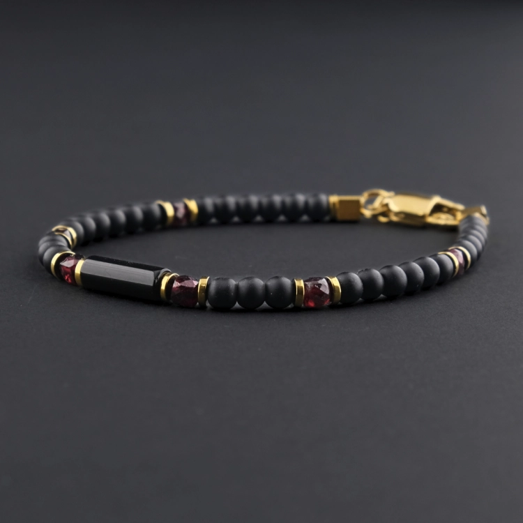 Bransoletka męska z czarnym turmalinem, granatem i onyksem w kolorze czarnym z czerwonym kamieniem, złota bransoletka, łańcuszek