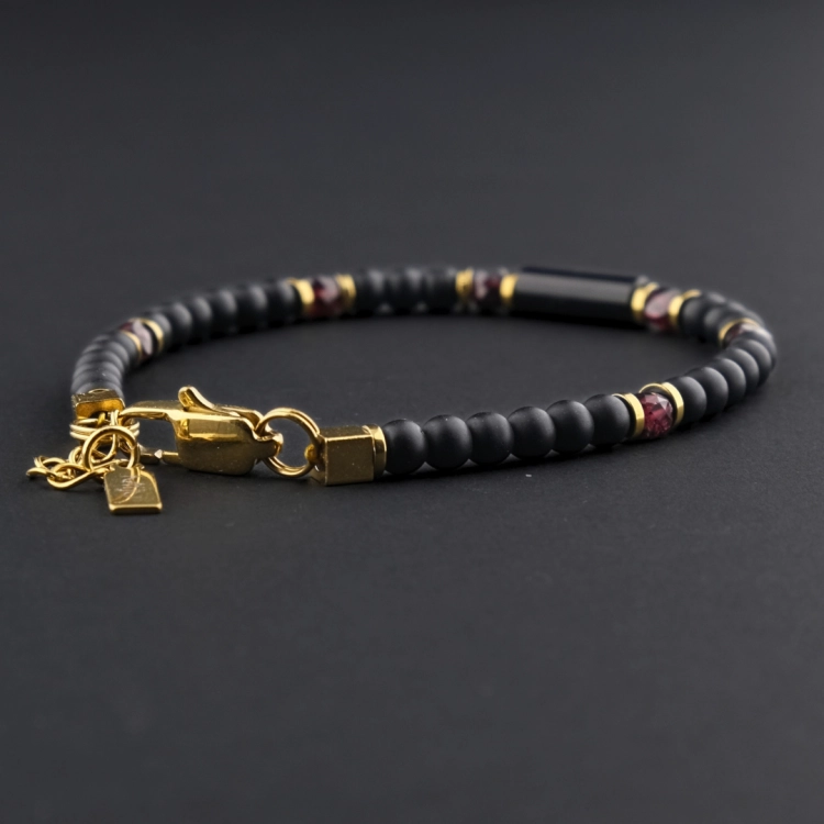 Bransoletka męska z czarnym turmalinem, granatem i onyksem w kolorze czarnym z czerwonym kamieniem, złota bransoletka, łańcuszek