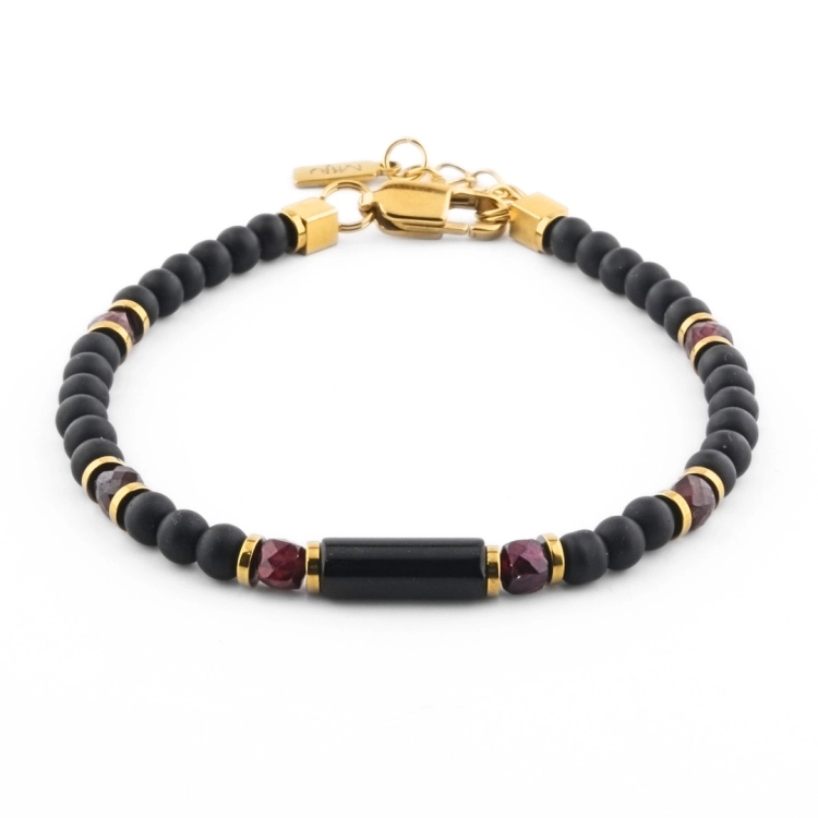 Bransoletka męska z czarnym turmalinem, granatem i onyksem w kolorze czarnym z czerwonym kamieniem, złota bransoletka, łańcuszek