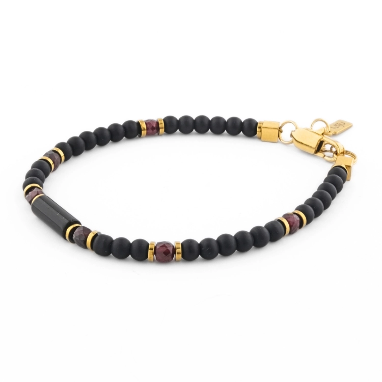 Bransoletka męska z czarnym turmalinem, granatem i onyksem w kolorze czarnym z czerwonym kamieniem, złota bransoletka, łańcuszek