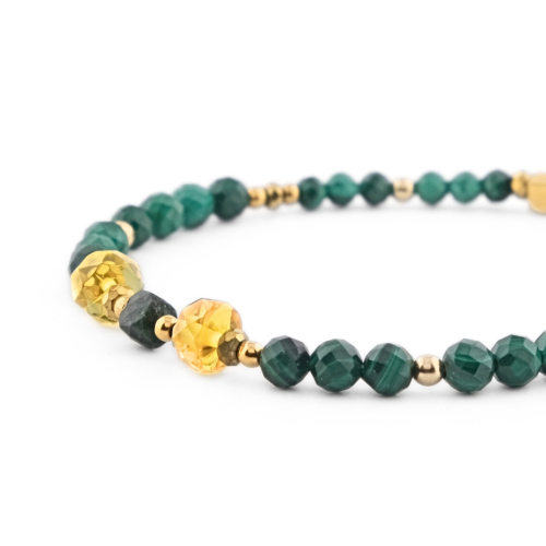 damska bransoletka z bursztynem bałtyckim i zielonym malachitem, wykonana ze stali chirurgicznej lub w srebrze 925 złoconym