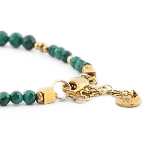 damska bransoletka z bursztynem bałtyckim i zielonym malachitem, wykonana ze stali chirurgicznej lub w srebrze 925 złoconym