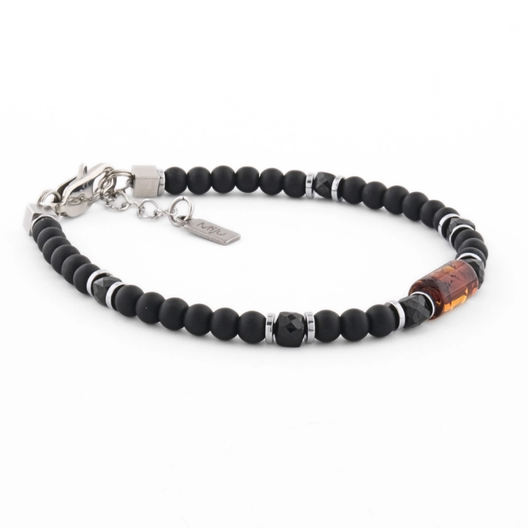 Męska czarna bransoletka dla eleganckiego mężczyzny z bursztynem i czarnym turmalinem. Biżuteria do garnituru.