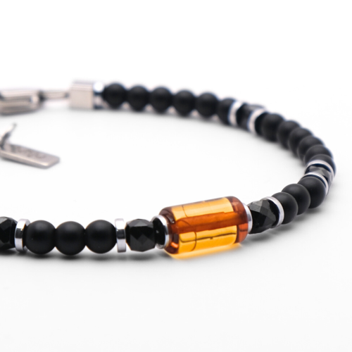 Minimalistyczny męski komplet z naturalnym bursztynem bałtyckim, czarnym turmalinem i agatem, stal szlachetna 316L od Miju Jewellery